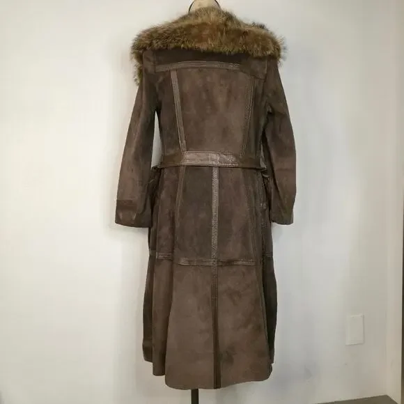70s Real Fur Collar Suede Trench Coat Vintage Brown Long Boho Penny Lane Belt